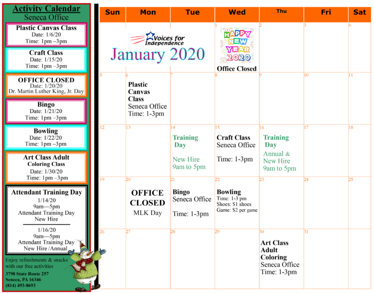The First Activities Calendar of 2020 for Our Seneca Office is HERE