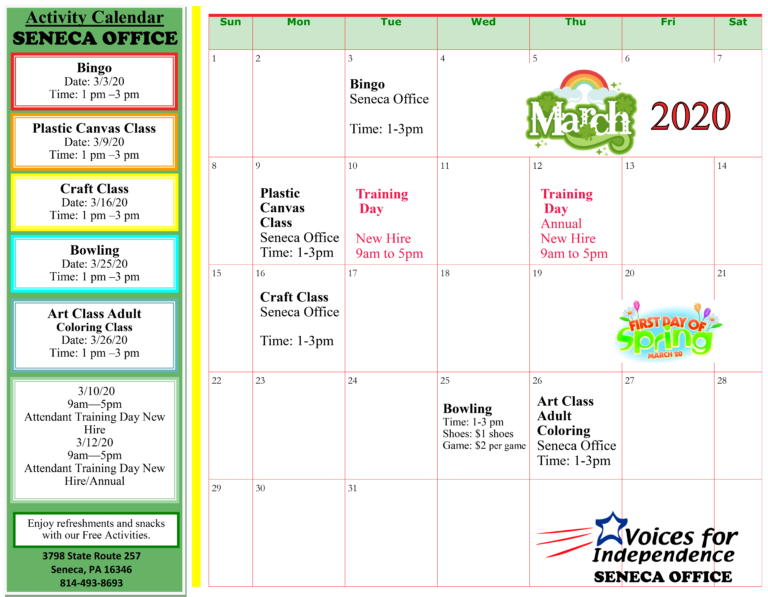 The VFI Seneca March Calendar is HERE! Voices For Independence