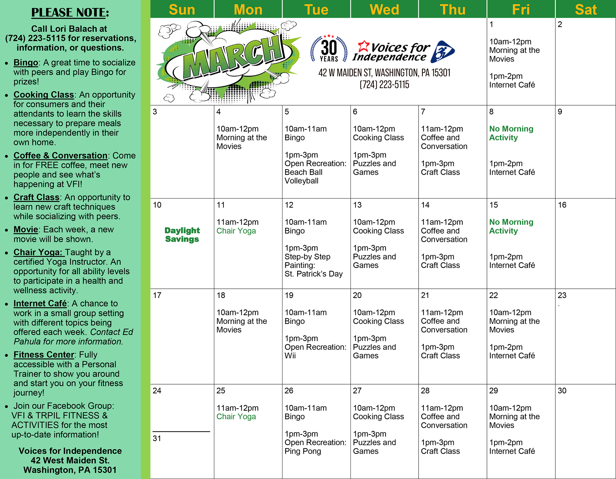 VFI March 2024 Activities Calendars for Erie AND Washington are Here