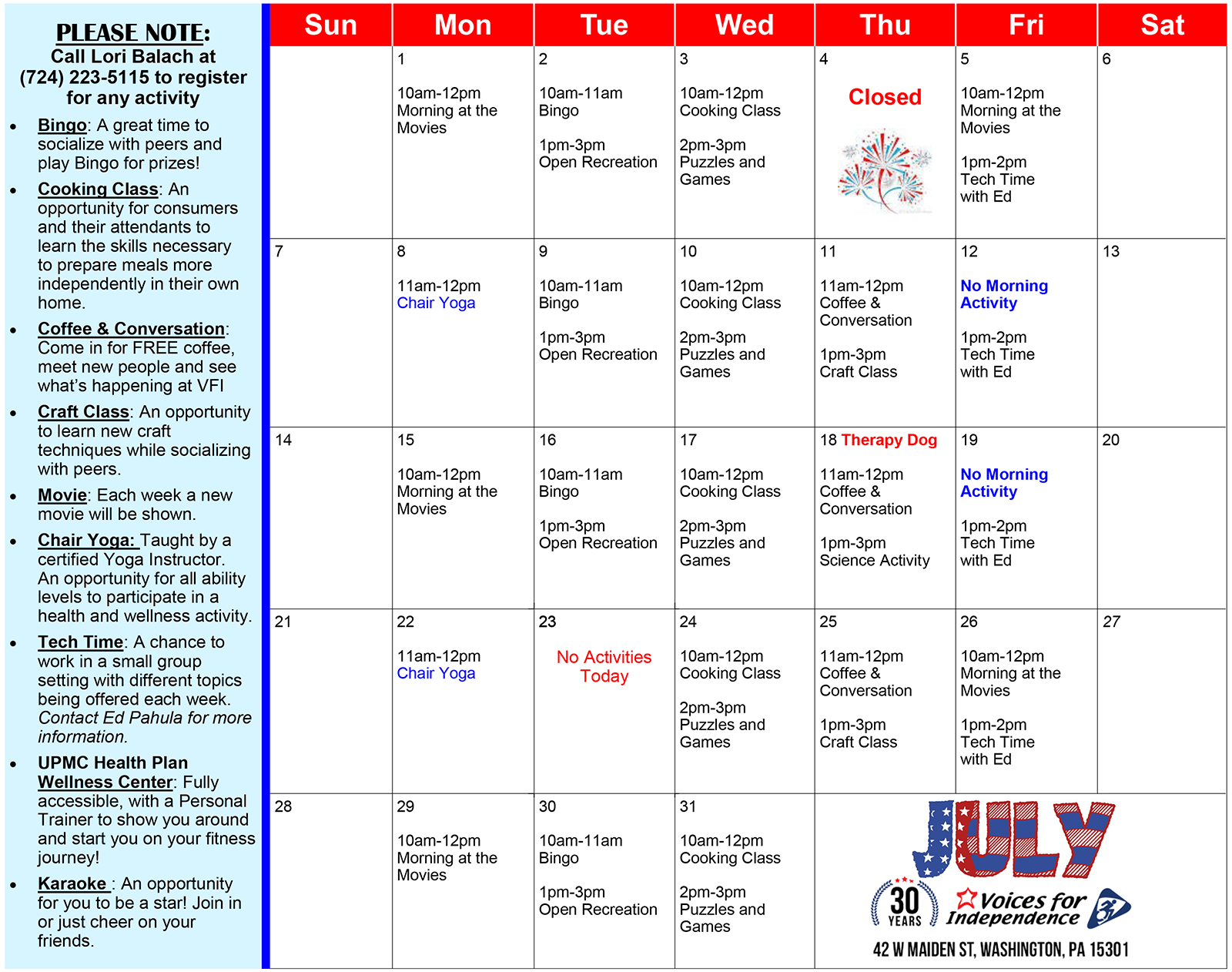 VFI July 2024 Activities Calendars for Erie AND Washington are Here